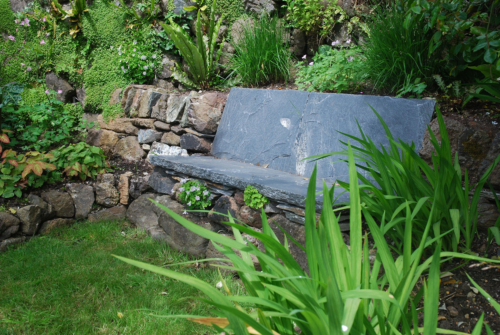 Slate bench set into granite wall in Coverack cottage garden