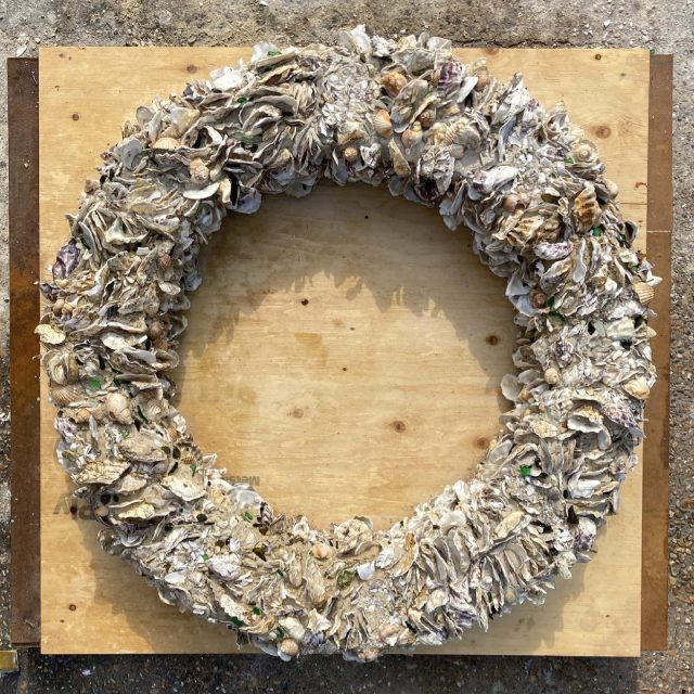 Completed false reef structure for #heavygardening project with Andrew Merritt @somethingandson. This will be sited underwater at the bottom of Royal Albert Dock, Liverpool. Hoping for maximum colonisation by shellfish and other sea life. The full sculpture will include 8 ropes for mussels to grow on 🐚 🦞 🦪 🦐 🐠 🐟. The reef structure ring is cast with our #shellcrete material using waste oyster shells from seafood restaurants. The outer shell decoration should mimic natural oyster reefs, and encourage different bivalve molluscs to grow on the shelly surface. #increasebiodiversity #shellcrete #oyster #oysterreef #mussels #liverpool #lwsjournal #falsereef #reef #oysters #oystershell #shell